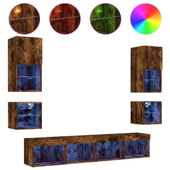 8 darab füstös tölgy színű szerelt fa TV-bútor LED-del