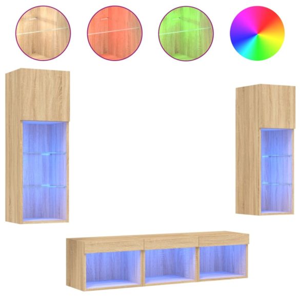 5 darab füstös tölgy színű szerelt fa TV-bútor LED-del