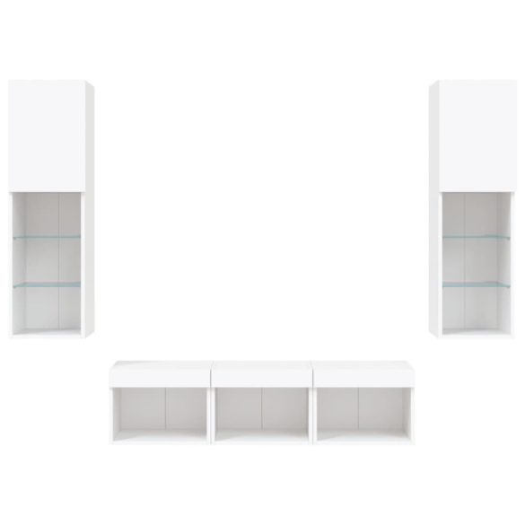 5 darab fehér szerelt fa fali TV-bútor LED-del