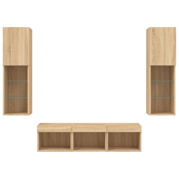 5 darab füstös tölgy színű szerelt fa TV-bútor LED-del