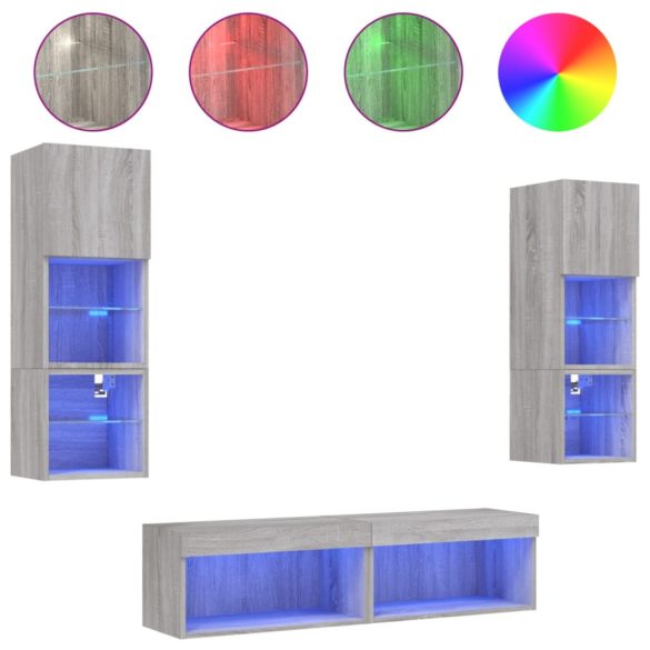 6 darab szürke sonoma színű szerelt fa fali TV-bútor LED-del