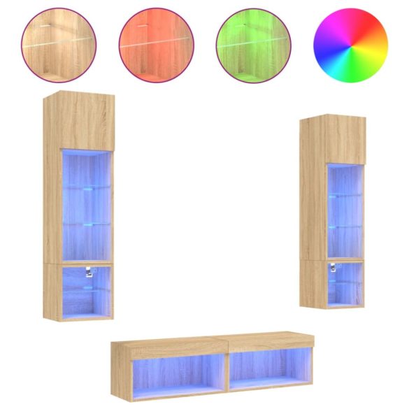 6 darab füstös tölgy színű szerelt fa TV-bútor LED-del