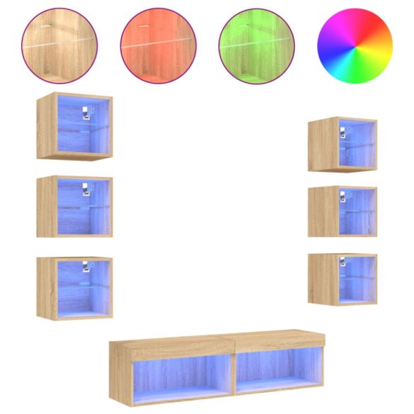 8 darab füstös tölgy színű szerelt fa TV-bútor LED-del