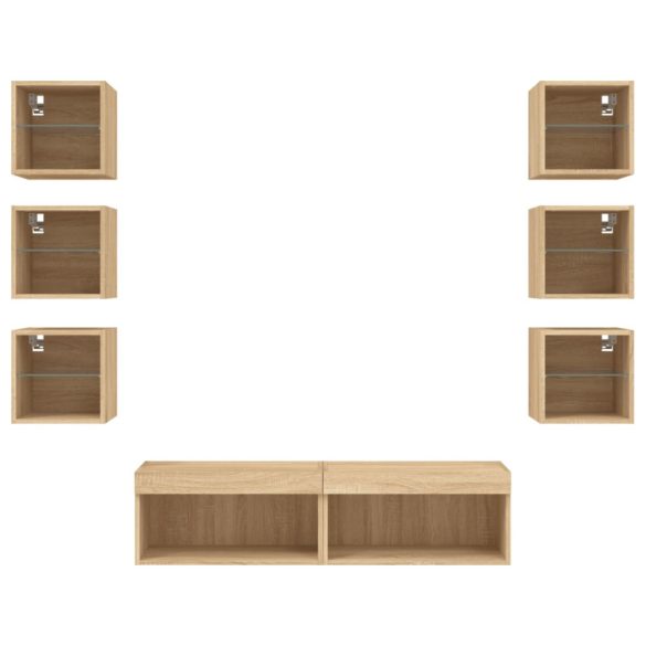 8 darab füstös tölgy színű szerelt fa TV-bútor LED-del