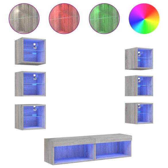 8 darab szürke sonoma színű szerelt fa fali TV-bútor LED-del