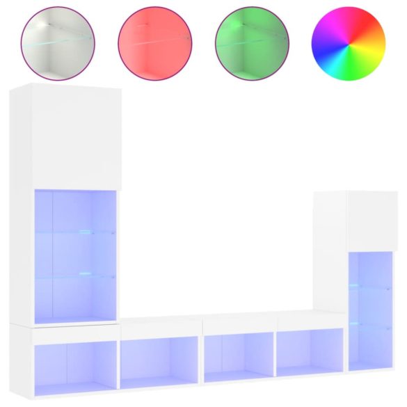 4 darab fehér szerelt fa fali TV-bútor LED-del