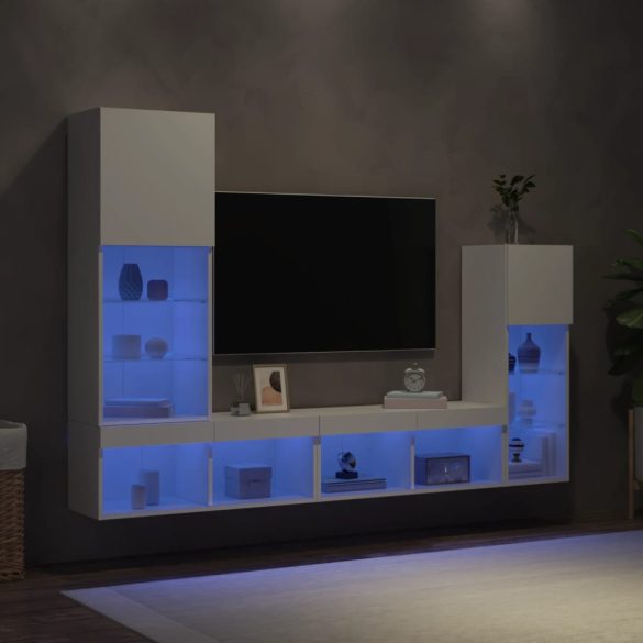 4 darab fehér szerelt fa fali TV-bútor LED-del