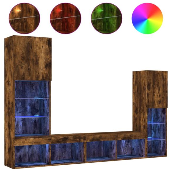 4 darab füstös tölgy színű szerelt fa TV-bútor LED-del