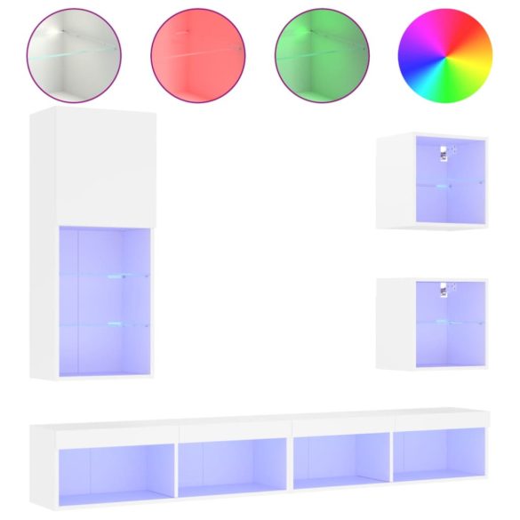 5 darab fehér szerelt fa fali TV-bútor LED-del