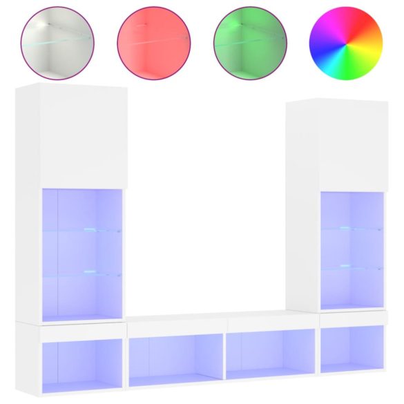 5 darab fehér szerelt fa fali TV-bútor LED-del