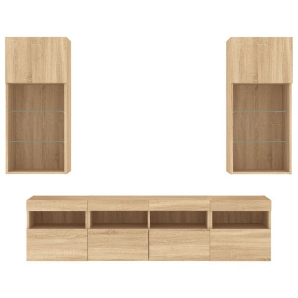 5 darab füstös tölgy színű szerelt fa TV-bútor LED-del