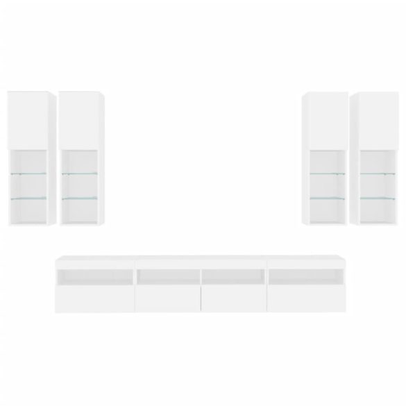 7 darabos fehér falra szerelhető TV-szekrényszett LED-ekkel