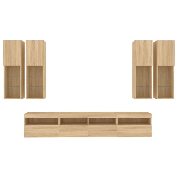 7 darab sonoma tölgy színű falra szerelhető TV-szekrény LED-del