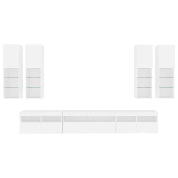 7 darabos fehér falra szerelhető TV-szekrényszett LED-ekkel