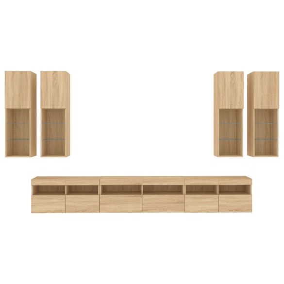 7 darab sonoma tölgy színű falra szerelhető TV-szekrény LED-del