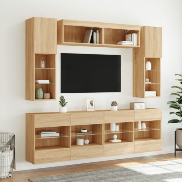 6 darab sonoma tölgy színű falra szerelhető TV-szekrény LED-del