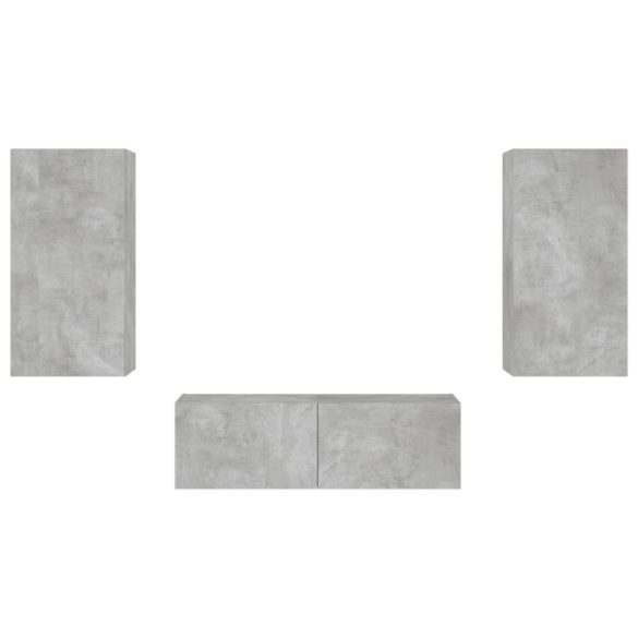 3 darab betonszürke falra szerelhető TV-szekrény LED-del