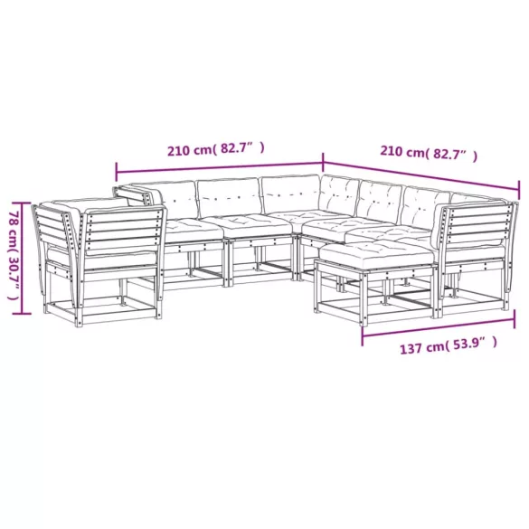 8 részes viaszbarna tömör fenyőfa kerti ülőgarnitúra párnával