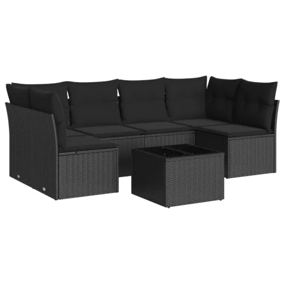 7 részes fekete polyrattan kerti ülőgarnitúra párnával