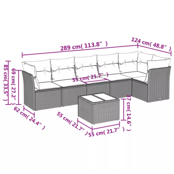 7 részes fekete polyrattan kerti ülőgarnitúra párnával