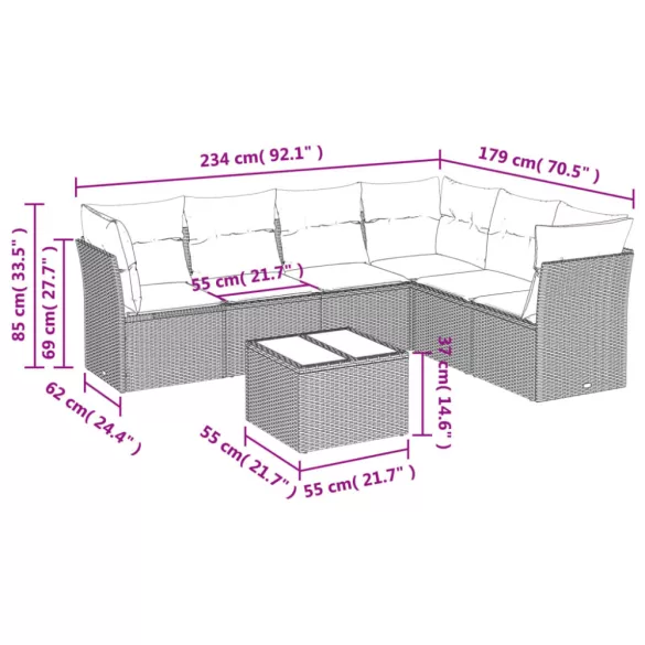 7 részes fekete polyrattan kerti ülőgarnitúra párnával