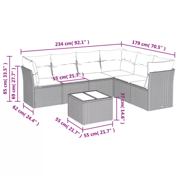 7 részes fekete polyrattan kerti ülőgarnitúra párnával