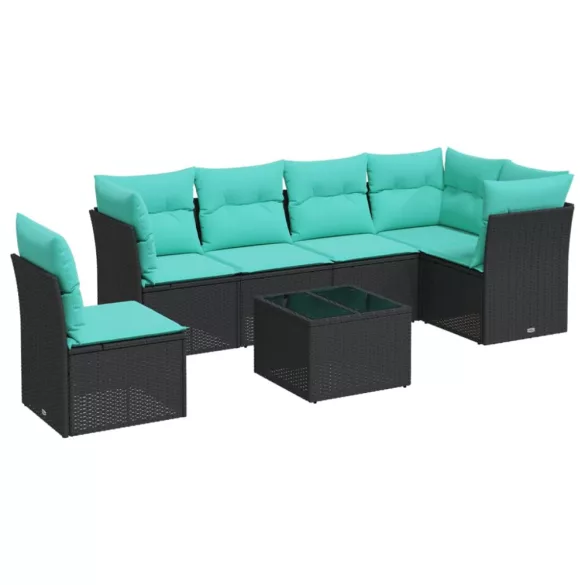 7 részes fekete polyrattan kerti ülőgarnitúra párnával