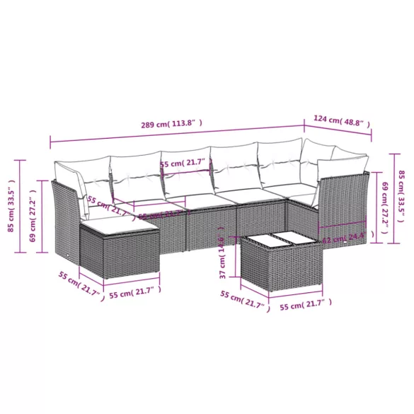8 részes fekete polyrattan kerti ülőgarnitúra párnákkal