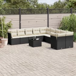   11 részes fekete polyrattan kerti ülőgarnitúra párnákkal