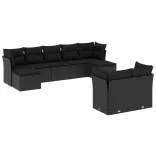9 részes fekete polyrattan kerti ülőgarnitúra párnákkal
