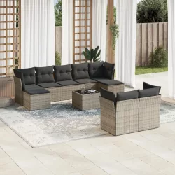   10 részes szürke polyrattan kerti ülőgarnitúra párnákkal
