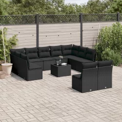   12 részes fekete polyrattan kerti ülőgarnitúra párnákkal