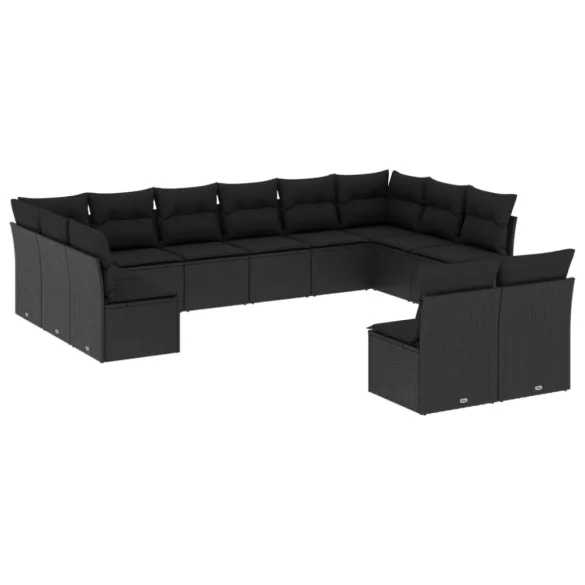 12 részes fekete polyrattan kerti ülőgarnitúra párnákkal