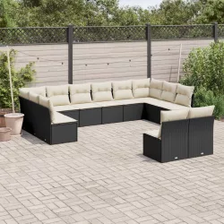   12 részes fekete polyrattan kerti ülőgarnitúra párnákkal
