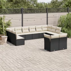   12 részes fekete polyrattan kerti ülőgarnitúra párnákkal