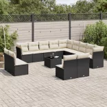 14 részes fekete polyrattan kerti ülőgarnitúra párnákkal