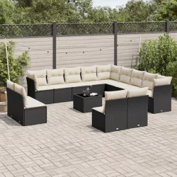   14 részes fekete polyrattan kerti ülőgarnitúra párnákkal