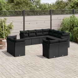   11 részes fekete polyrattan kerti ülőgarnitúra párnákkal