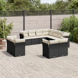   11 részes fekete polyrattan kerti ülőgarnitúra párnákkal