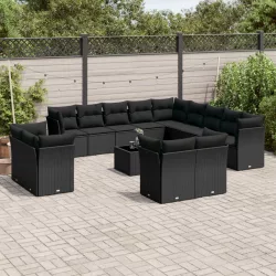   14 részes fekete polyrattan kerti ülőgarnitúra párnákkal