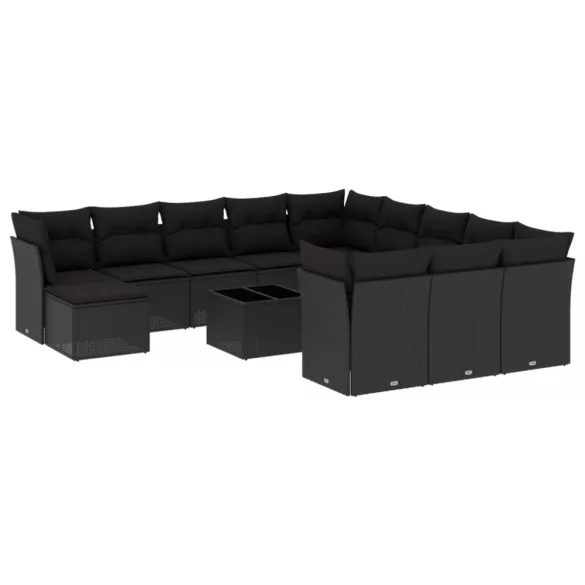 13 részes fekete polyrattan kerti ülőgarnitúra párnákkal