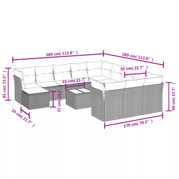 13 részes fekete polyrattan kerti ülőgarnitúra párnákkal