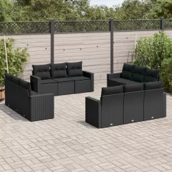   12 részes fekete polyrattan kerti ülőgarnitúra párnákkal