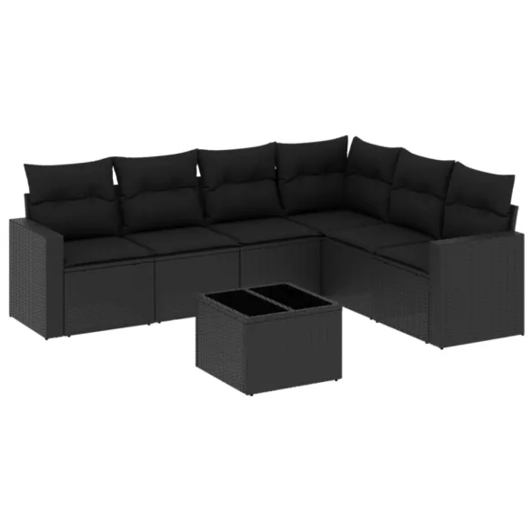 7 részes fekete polyrattan kerti ülőgarnitúra párnával