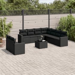   10 részes fekete polyrattan kerti ülőgarnitúra párnákkal