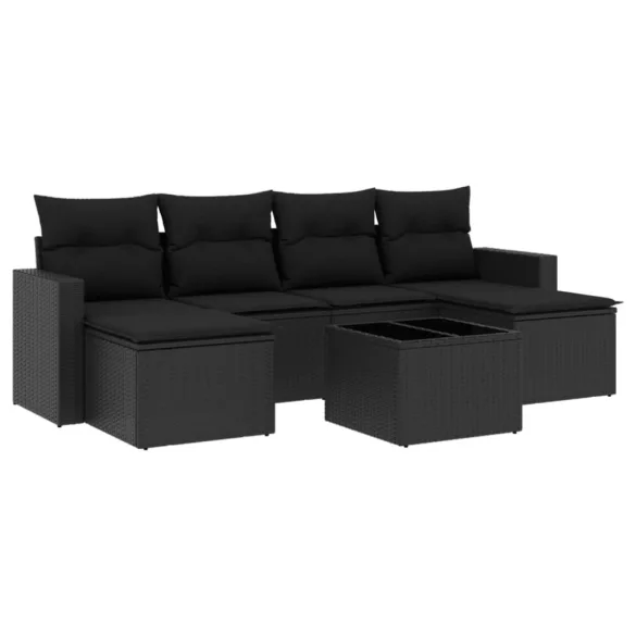 7 részes fekete polyrattan kerti ülőgarnitúra párnával