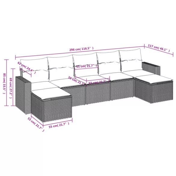 7 részes fekete polyrattan kerti ülőgarnitúra párnával