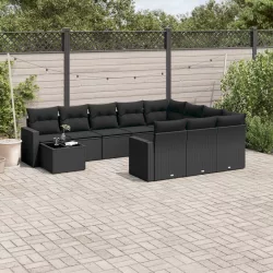  11 részes fekete polyrattan kerti ülőgarnitúra párnákkal