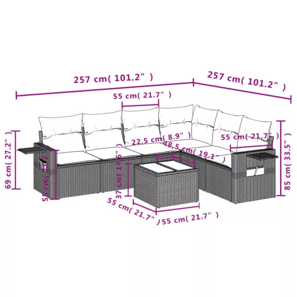 7 részes fekete polyrattan kerti ülőgarnitúra párnával