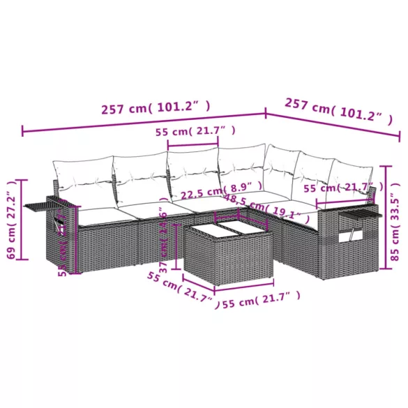 7 részes fekete polyrattan kerti ülőgarnitúra párnával